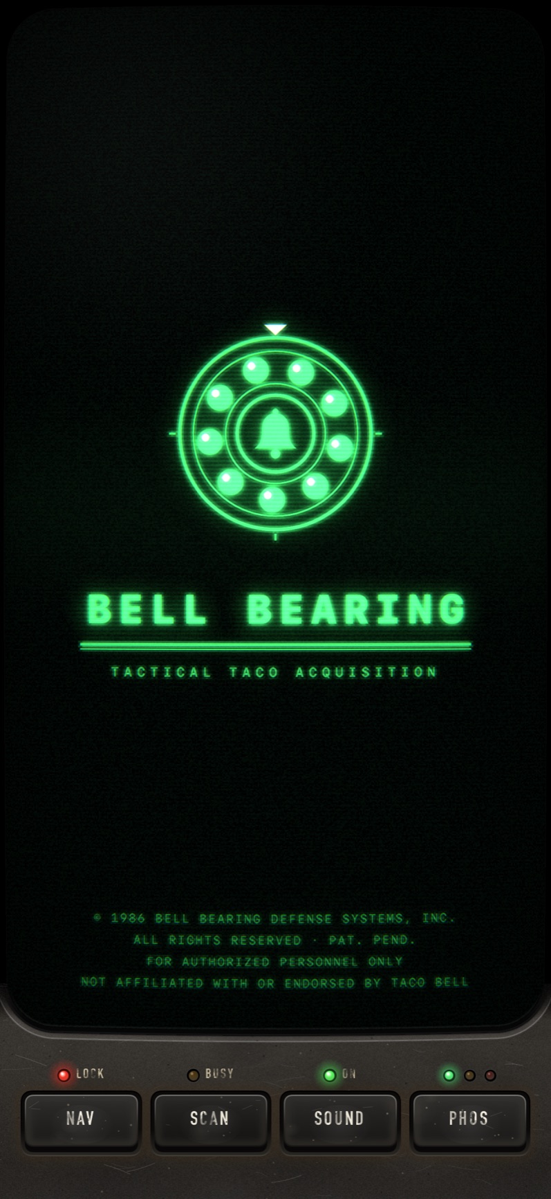 The title card: Bell Bearing, tactical taco acquisition