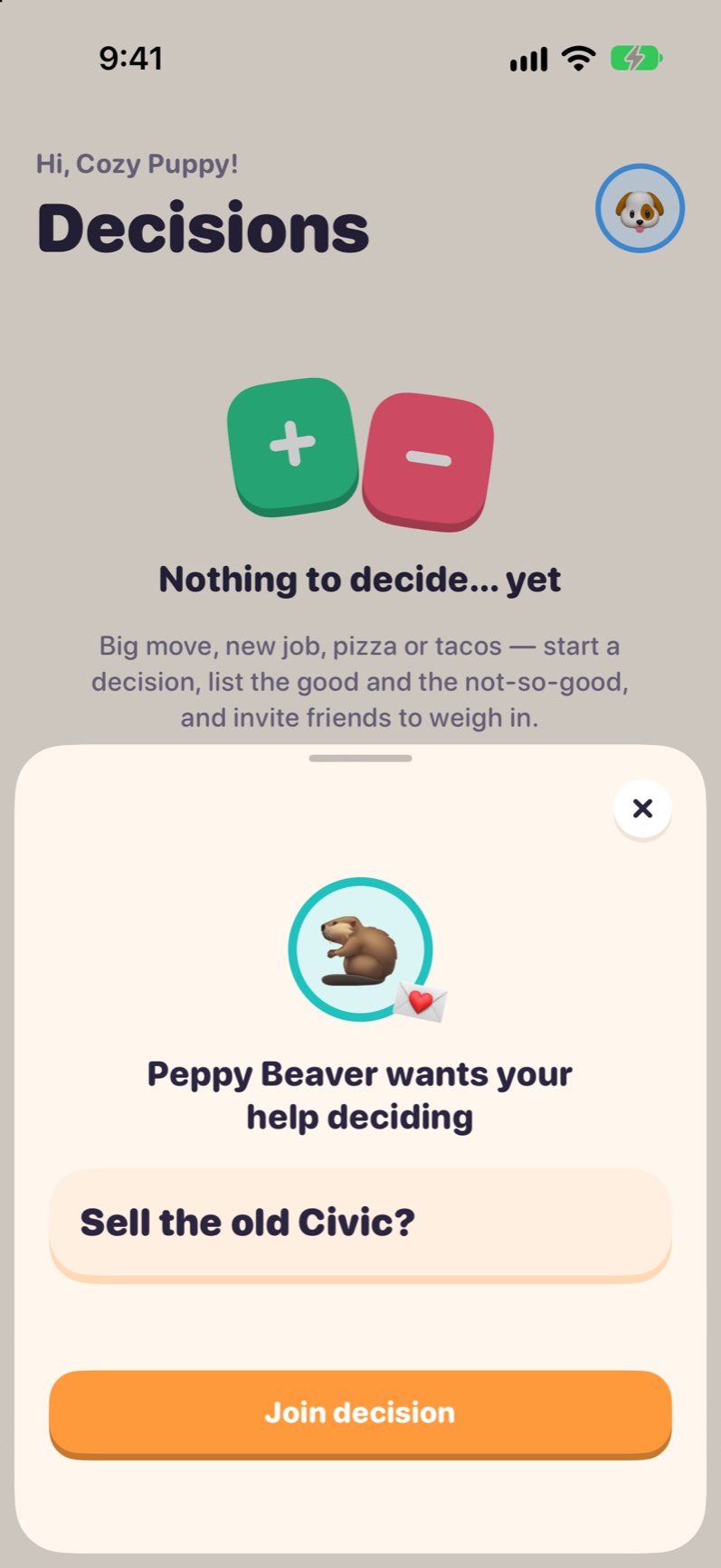 An invite sheet: Peppy Beaver wants your help deciding, with a Join decision button