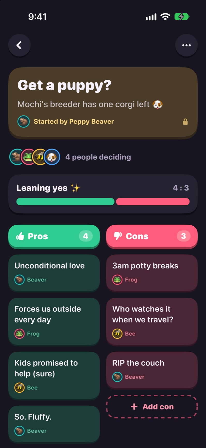 The Get a puppy decision in dark mode