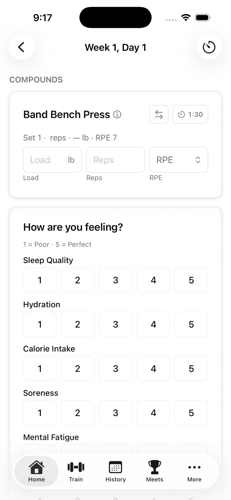 A workout in progress: load, reps and RPE fields for each set, and a how-are-you-feeling check-in