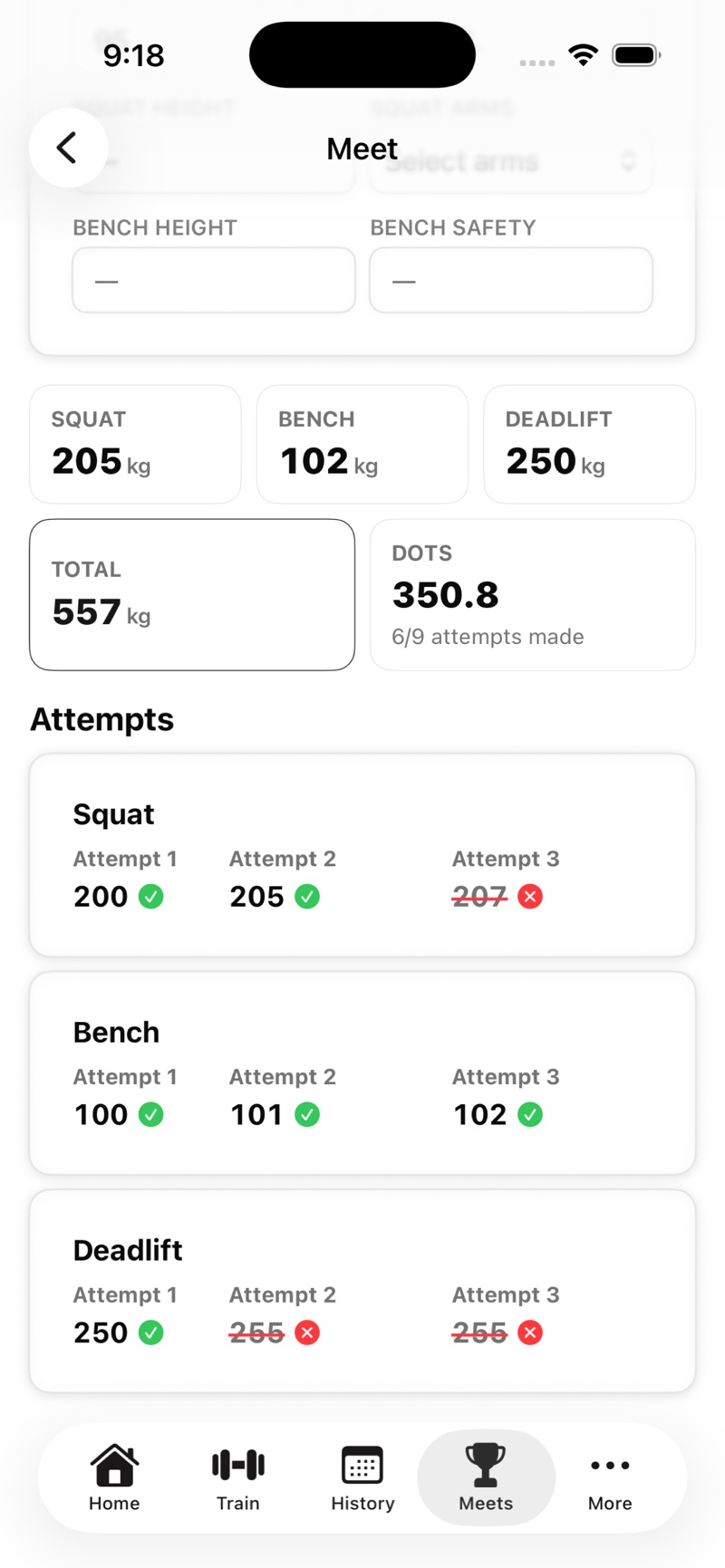 Meet day: attempts for each lift and the running total