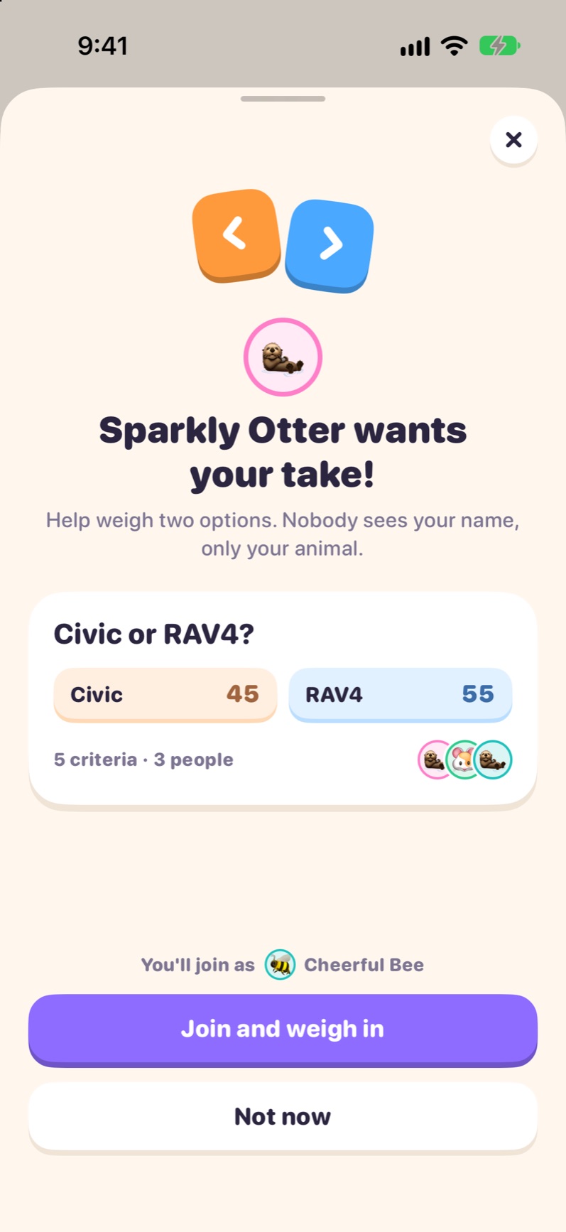 An invite sheet: Sparkly Otter wants your take on Civic or RAV4